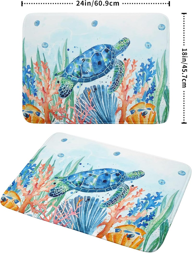 Giwawa Sea Turtle Dish Drying Mat 18x24in Watercolor Blue Tortoise Dish Drainer Mats Nautical Ocean Coral Seashell Seaweed Microfiber Dish Drying Pad for Kitchen Countertop Large Decor - Image 2