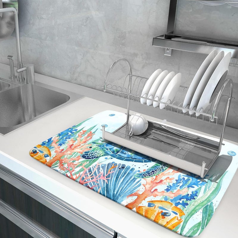 Giwawa Sea Turtle Dish Drying Mat 18x24in Watercolor Blue Tortoise Dish Drainer Mats Nautical Ocean Coral Seashell Seaweed Microfiber Dish Drying Pad for Kitchen Countertop Large Decor - Image 5
