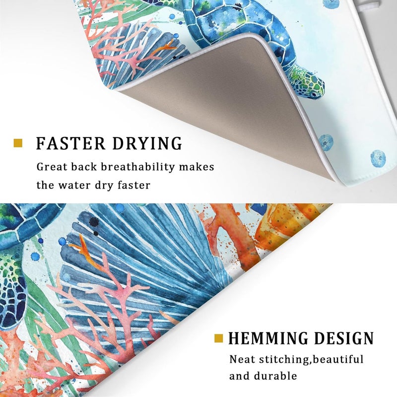 Giwawa Sea Turtle Dish Drying Mat 18x24in Watercolor Blue Tortoise Dish Drainer Mats Nautical Ocean Coral Seashell Seaweed Microfiber Dish Drying Pad for Kitchen Countertop Large Decor - Image 3