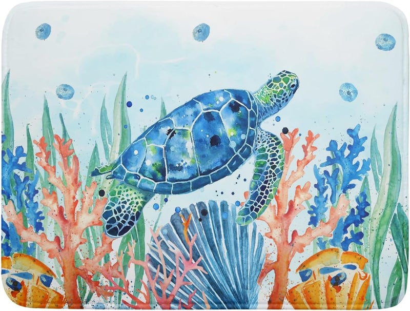 Giwawa Sea Turtle Dish Drying Mat 18x24in Watercolor Blue Tortoise Dish Drainer Mats Nautical Ocean Coral Seashell Seaweed Microfiber Dish Drying Pad for Kitchen Countertop Large Decor - Image 1