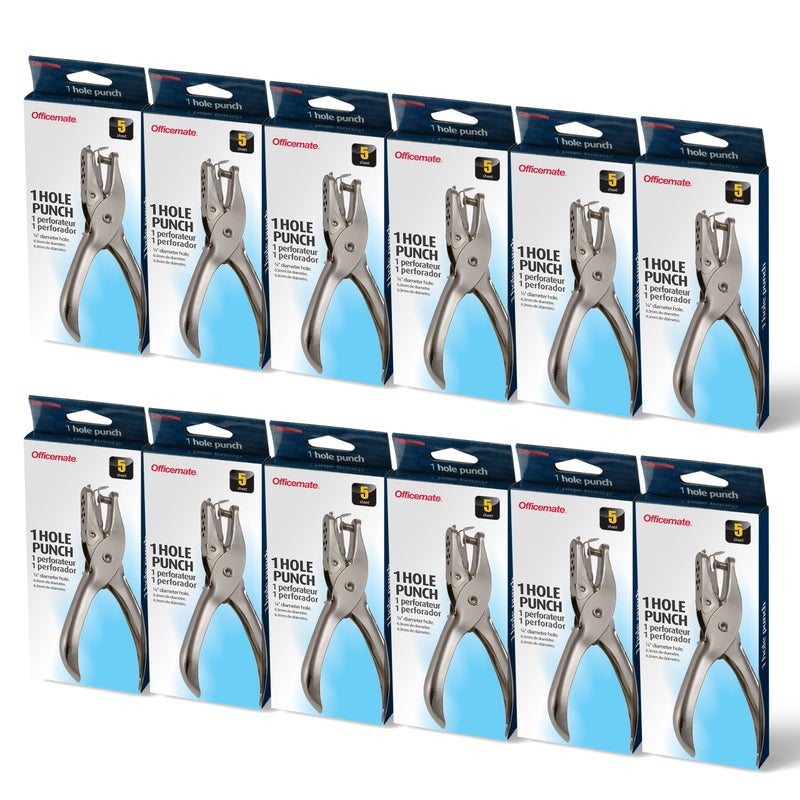 Officemate 1 Hole Punch, 5 Sheet Capacity, Comes in 12 Pack, Silver (90075) - Image 1