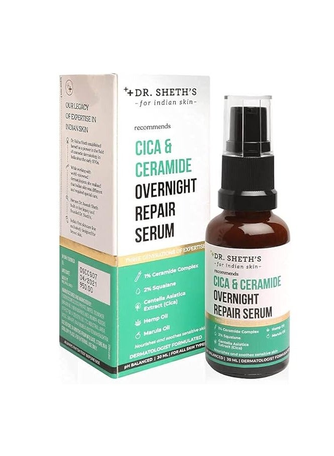 Dr. Sheth's Cica & Ceramide Overnight Repair Serum For Glowing Skin | Repairs Skin With 2% Squalane, Marula Oil, 1% Ceramide Complex & Centella Extract Face Serum For All Skin Types -30ml - Image 1