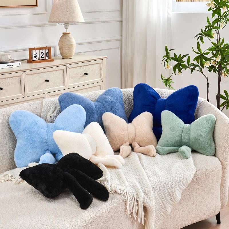 XVTRU Beige Bow Pillow  Soft Bow Decorative Pillows with Faux Rabbit Fur  Cute 12"" Bow Throw Pillows  Aesthetic Home Decor Bow Shaped Plush Pillow for Bedroom Sofa Couch - Image 3