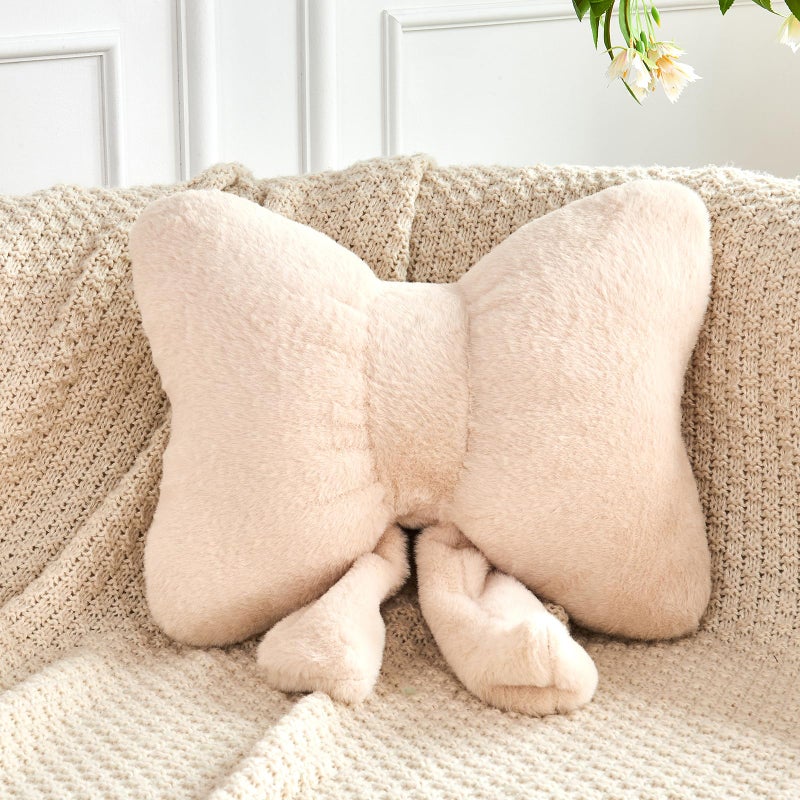 XVTRU Beige Bow Pillow  Soft Bow Decorative Pillows with Faux Rabbit Fur  Cute 12"" Bow Throw Pillows  Aesthetic Home Decor Bow Shaped Plush Pillow for Bedroom Sofa Couch - Image 1