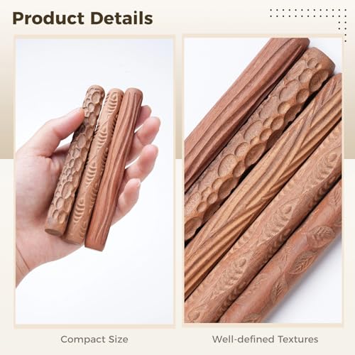 Varku 5PCS Clay Modeling Pattern Rollers Kit, Pottery Tools Wood Twig Rollers for Clay, Wooden Handle Pottery Tools, Clay Texture Rolling Emboss Plaid Hand Rollers for Handcraft - Image 5