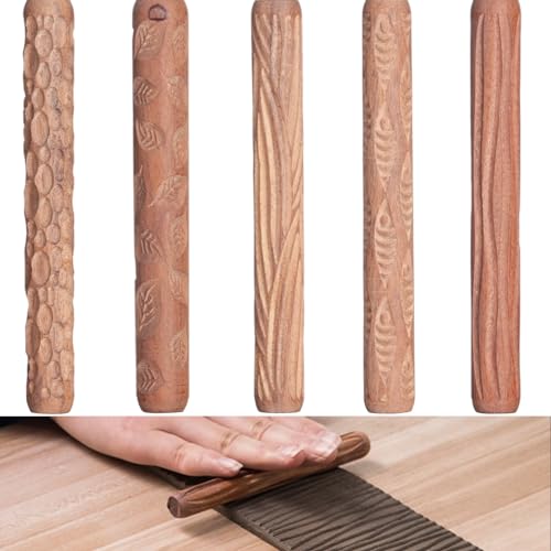 Varku 5PCS Clay Modeling Pattern Rollers Kit, Pottery Tools Wood Twig Rollers for Clay, Wooden Handle Pottery Tools, Clay Texture Rolling Emboss Plaid Hand Rollers for Handcraft - Image 1