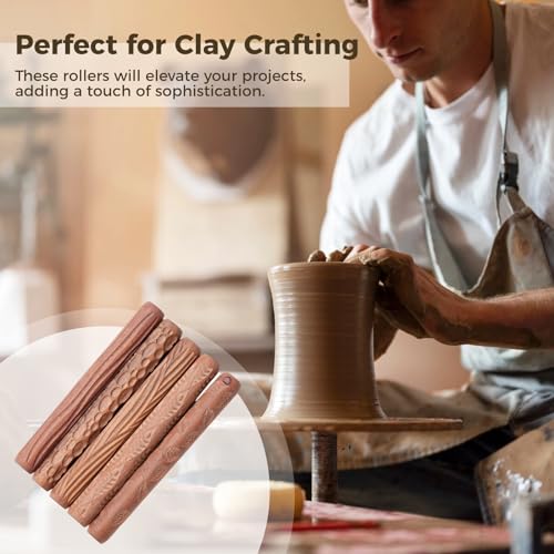 Varku 5PCS Clay Modeling Pattern Rollers Kit, Pottery Tools Wood Twig Rollers for Clay, Wooden Handle Pottery Tools, Clay Texture Rolling Emboss Plaid Hand Rollers for Handcraft - Image 3