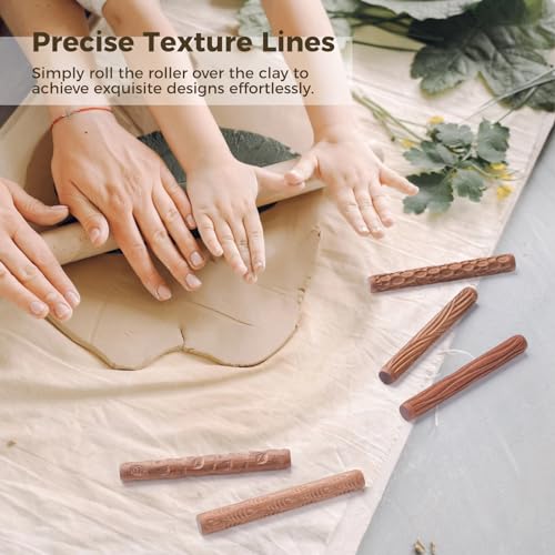 Varku 5PCS Clay Modeling Pattern Rollers Kit, Pottery Tools Wood Twig Rollers for Clay, Wooden Handle Pottery Tools, Clay Texture Rolling Emboss Plaid Hand Rollers for Handcraft - Image 2