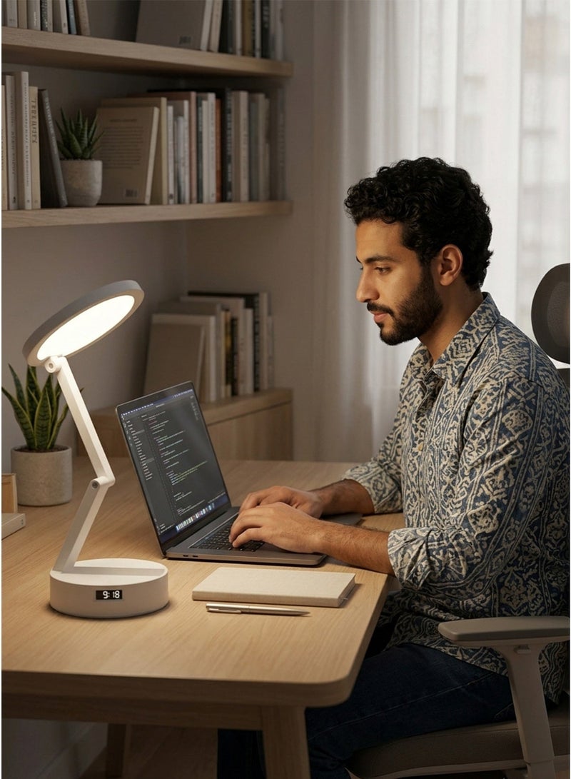مصباح مكتب LED قابل للطي مع شاشة رقمية (ساعة + درجة حرارة)، قابل لإعادة الشحن، إضاءة ناعمة تحمي العينين – أبيض - Image 1