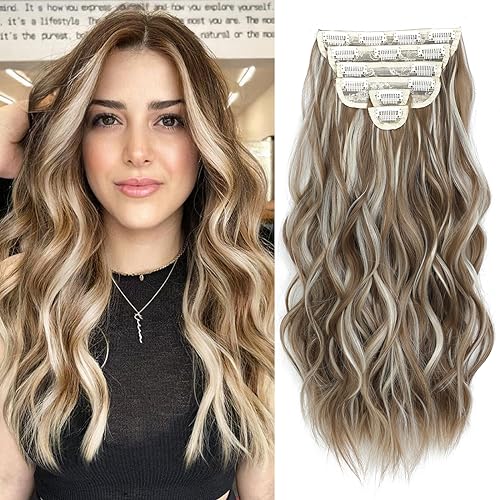 Fliace Clip in Hair Extensions for Women Brown with Blonde Highlights Long Wavy Hair Extensions Clip Ins 6PCS 20 Inch Synthetic Soft and Natural Thick Hair Pieces for Women - Image 1