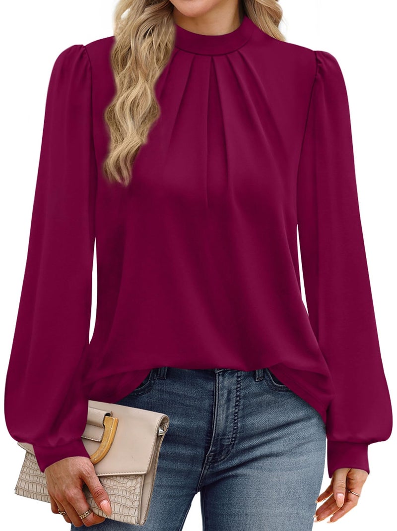 WIHOLL Business Casual Tops for Women Trendy Blouses for Women Dressy Casual Long Sleeve Shirts Early Fall Fashion Winter Clothing Cute Work Ladies Easter Outfits for Teachers Blouses Burgundy L - Image 3