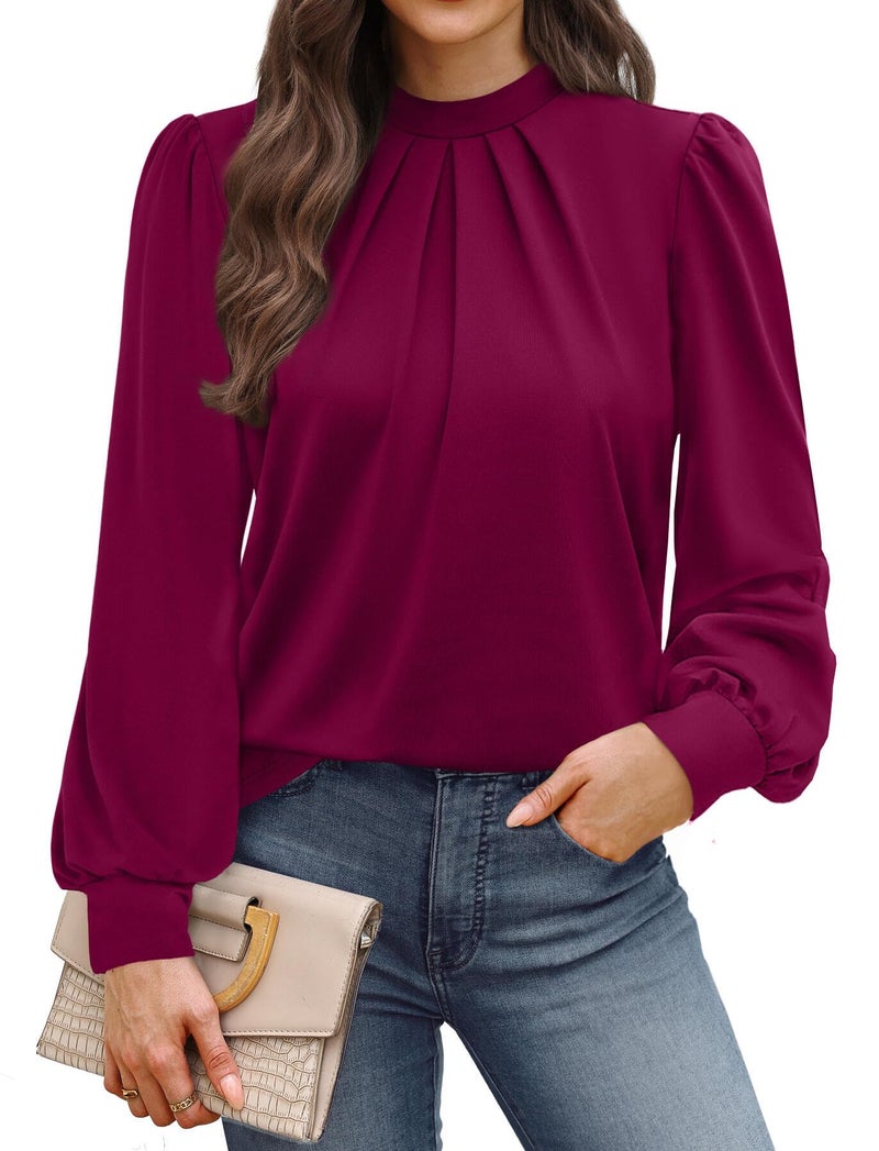 WIHOLL Business Casual Tops for Women Trendy Blouses for Women Dressy Casual Long Sleeve Shirts Early Fall Fashion Winter Clothing Cute Work Ladies Easter Outfits for Teachers Blouses Burgundy L - Image 1