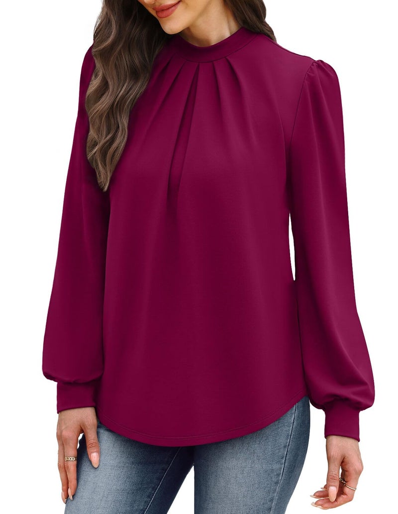 WIHOLL Business Casual Tops for Women Trendy Blouses for Women Dressy Casual Long Sleeve Shirts Early Fall Fashion Winter Clothing Cute Work Ladies Easter Outfits for Teachers Blouses Burgundy L - Image 4