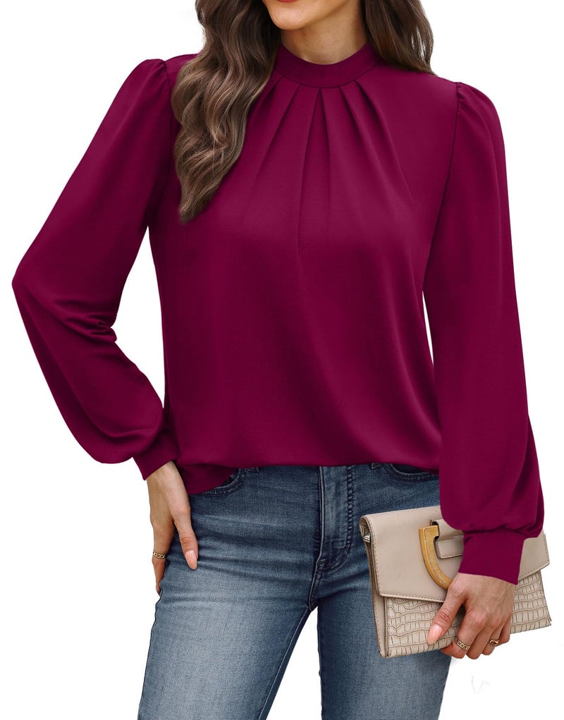 WIHOLL Business Casual Tops for Women Trendy Blouses for Women Dressy Casual Long Sleeve Shirts Early Fall Fashion Winter Clothing Cute Work Ladies Easter Outfits for Teachers Blouses Burgundy L - Image 2