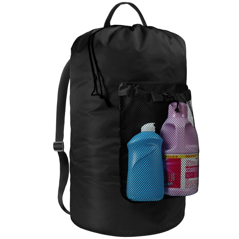 Laundry Bag with Shoulder Straps and Mesh Pocket Laundry Backpack Large Portable Laundry Hamper for College Travel Laundromat Apartment Black