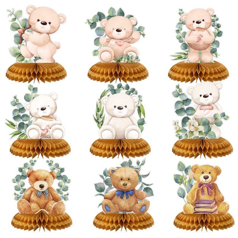 Kajaia 9 Pieces Bear Baby Shower Honeycomb Centerpieces Paper Bear Table Decorations Baby Shower Decorations Table Toppers for Birthday Party Favors Supplies 9 Styles - Image 2