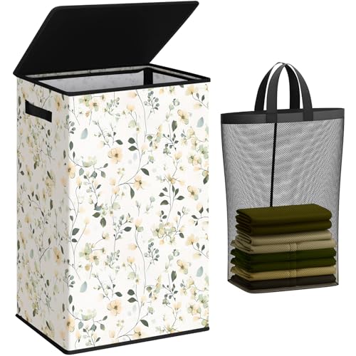 SOLEDI Laundry Hamper with Lid 90L Tall Large Floral Laundry Basket Collapsible Clothes Hamper with Removable Bag Dirty Hampers for Bedroom Bathroom Laundry Room - Image 1