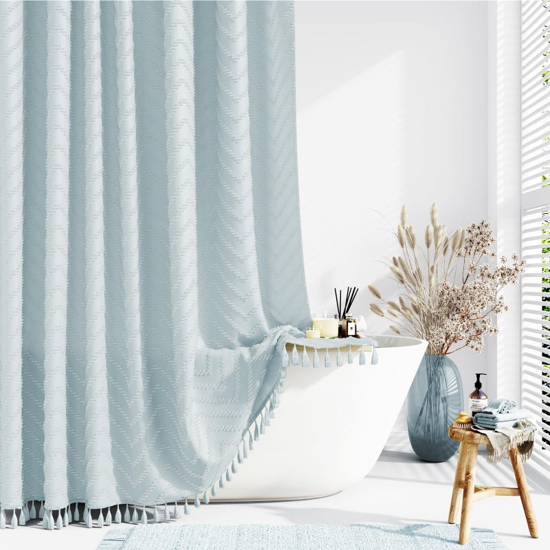 Dynamene Fog Blue Boho Fabric Shower Curtain, Tufted Chevron Striped Tassel Textured Shower Curtain for Bathroom, Farmhouse Elegant Waterproof Minimalist Cloth Shower Curtain Set, 12 Hook, 72x72 - Image 1