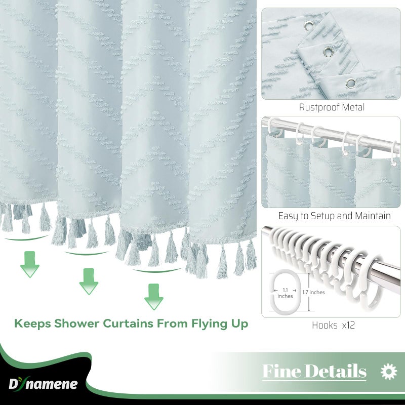 Dynamene Fog Blue Boho Fabric Shower Curtain, Tufted Chevron Striped Tassel Textured Shower Curtain for Bathroom, Farmhouse Elegant Waterproof Minimalist Cloth Shower Curtain Set, 12 Hook, 72x72 - Image 5