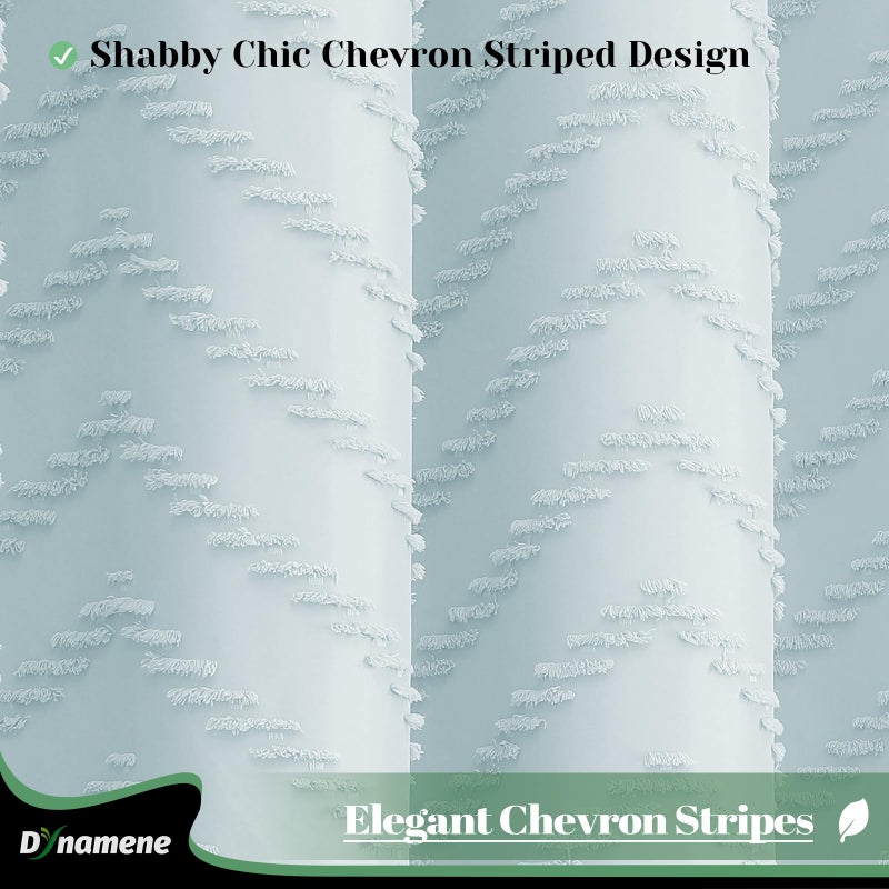 Dynamene Fog Blue Boho Fabric Shower Curtain, Tufted Chevron Striped Tassel Textured Shower Curtain for Bathroom, Farmhouse Elegant Waterproof Minimalist Cloth Shower Curtain Set, 12 Hook, 72x72 - Image 3