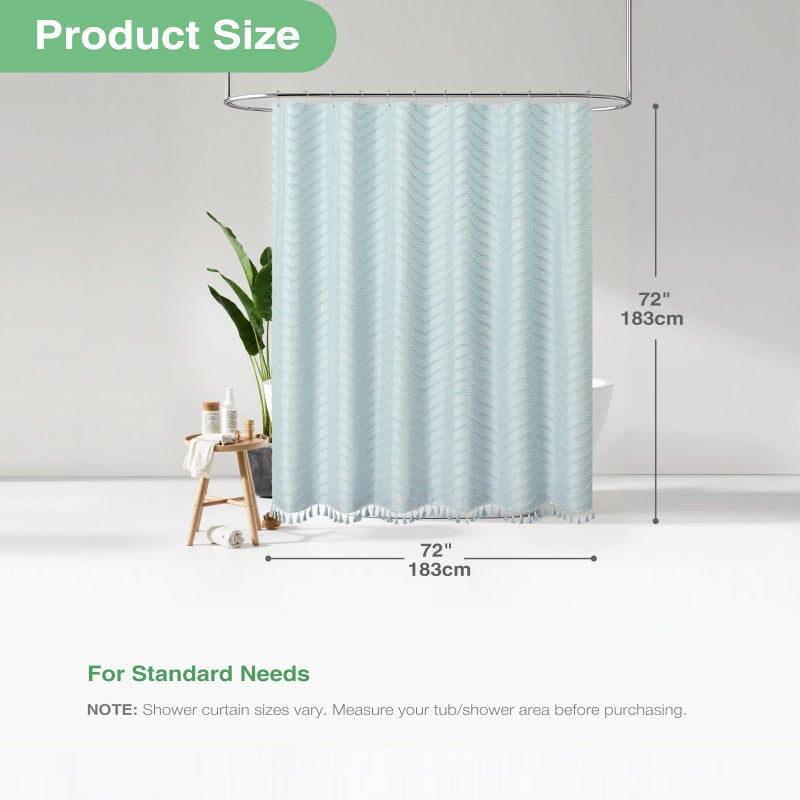 Dynamene Fog Blue Boho Fabric Shower Curtain, Tufted Chevron Striped Tassel Textured Shower Curtain for Bathroom, Farmhouse Elegant Waterproof Minimalist Cloth Shower Curtain Set, 12 Hook, 72x72 - Image 4