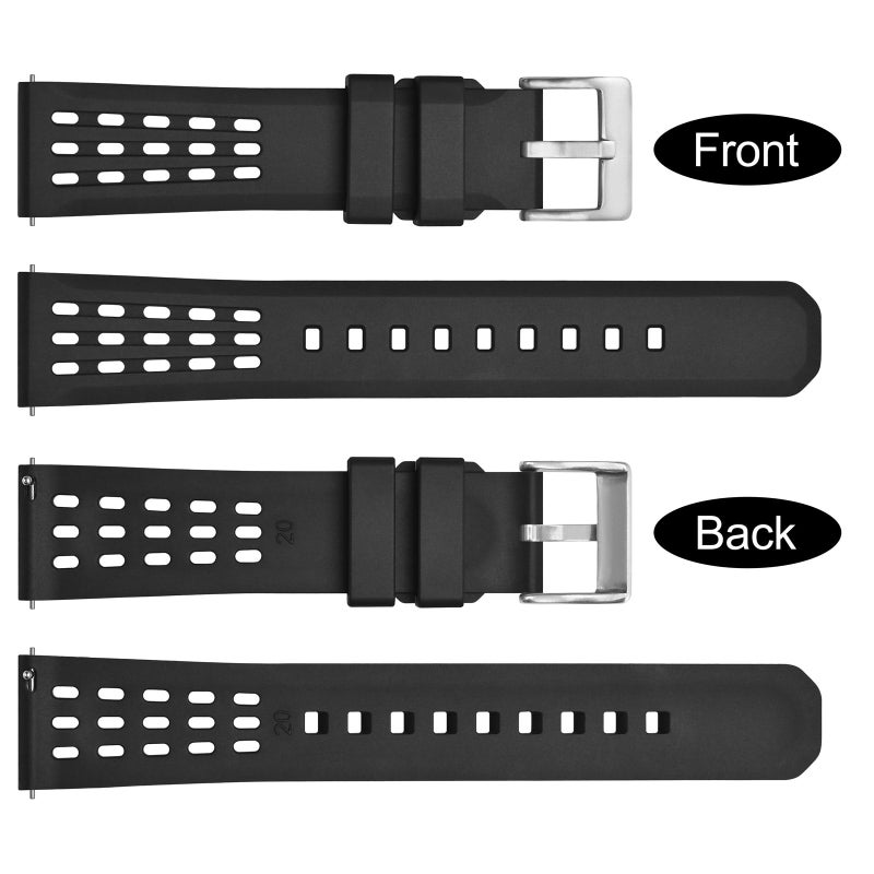 WOCCI 20mm Rally Watch Band, FKM Rubber Strap, Quick Release, Silver Brushed Buckle (Black) - Image 3