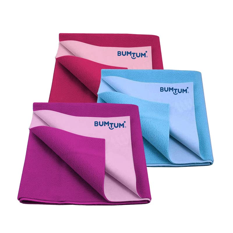 Bumtum Baby Dry Sheet Waterproof Quick Soft Fleece Baby Bed Protector | Anti - Bacterial, Extra Absorbant, Reuseable & Washable (Hot Pink + Aqua Blue + Grape Combo, Small Size, 50 * 70cm, Pack of 3) - Image 1
