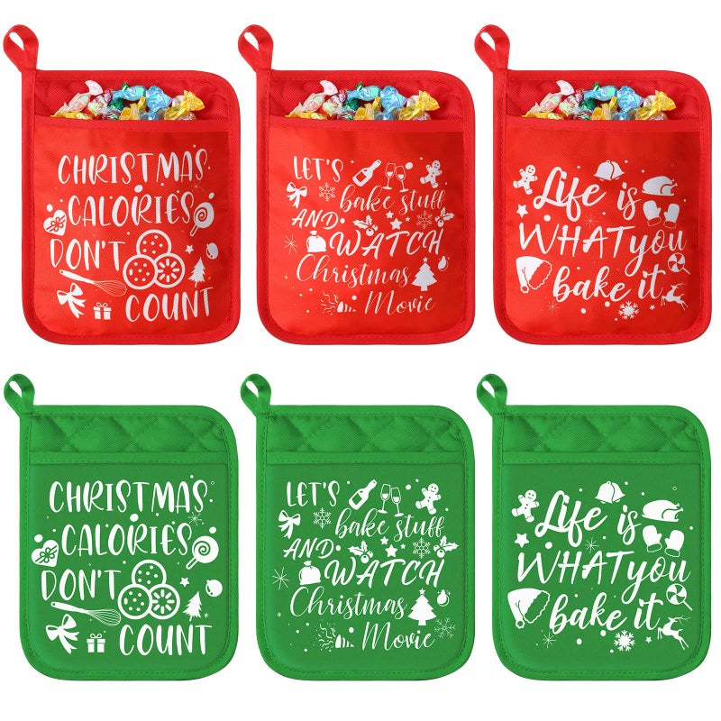 Cunhill 6 Pieces Christmas Potholders with Pocket Potholder Kitchen Hot Pad Oven Mitts Farmhouse Hot Potholders Cookie Bag for Christmas Kitchen Gift Cooking Baking RedTree Style 