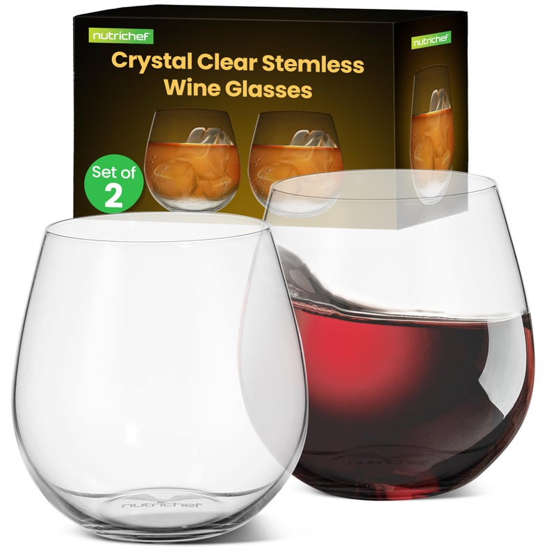 NutriChef Stemless Wine Glasses (Set of 2) 15 Oz, Crystal Clear Red And White Wine Glasses For Daily Use, Home Bar, Parties, Hosting, Evening Party, Birthdays, Shower, Housewarming Gift - Image 1