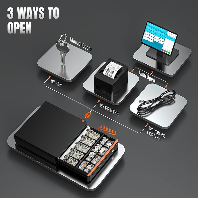 Tera 16" Auto Open Cash Register Drawer Insert Tray 5 Bill 8 Coin for Point of Sale (POS) System with Removable Cash Tray Media Slot 24V RJ12 Key-Lock (Round Corner) for Small Businesses Retail 405R - Image 5