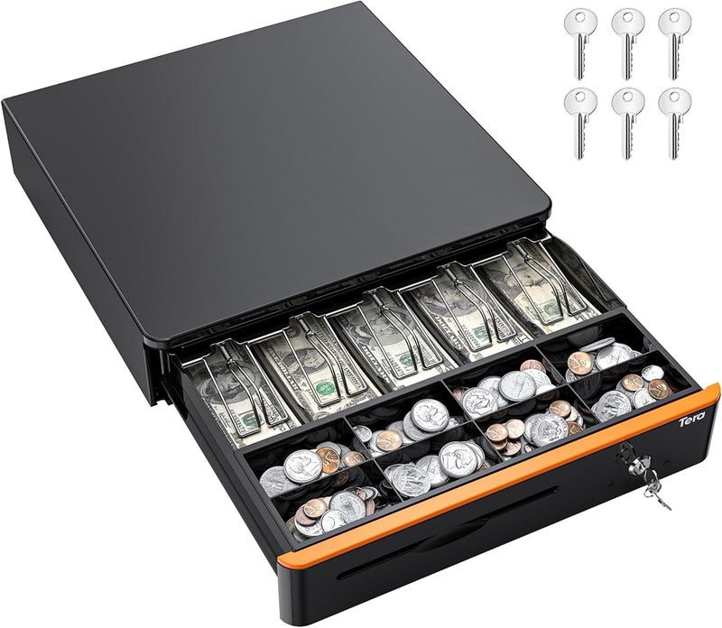 Tera 16" Auto Open Cash Register Drawer Insert Tray 5 Bill 8 Coin for Point of Sale (POS) System with Removable Cash Tray Media Slot 24V RJ12 Key-Lock (Round Corner) for Small Businesses Retail 405R - Image 1