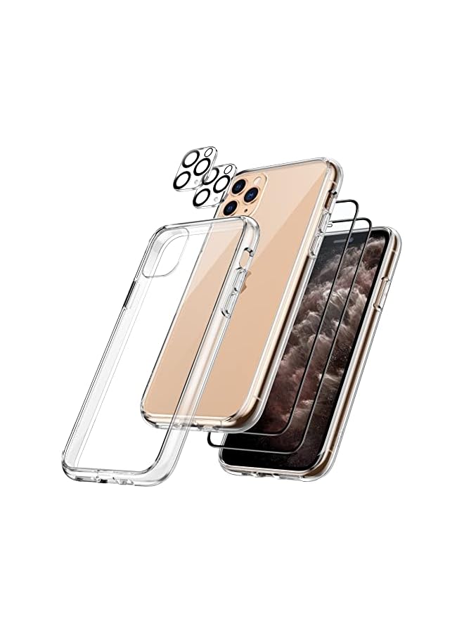 جي تيك حافظة JETech 5 في 1 لهاتف iPhone 11 Pro مقاس 5.8 بوصة، مع واقي شاشة مكون من عبوتين وواقي عدسة الكاميرا، غطاء هاتف مقاوم للصدمات غير أصفر، طبقة زجاجية مقسى كاملة التغطية (شفاف) - Image 1