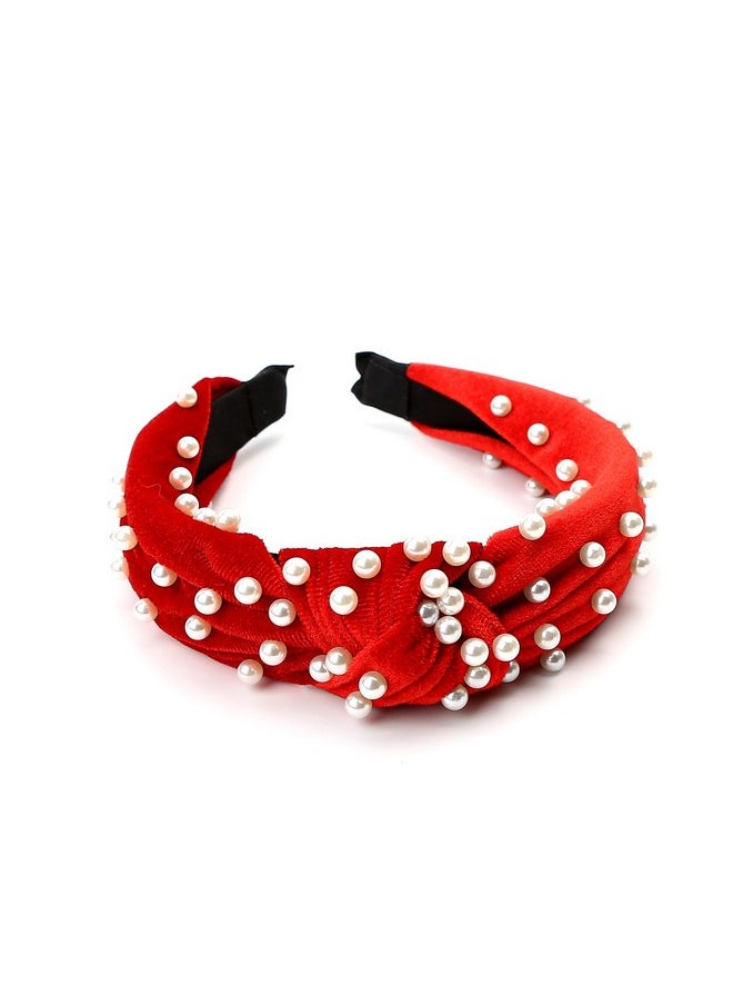 Marsrut Pretty Pearl Headbands, Cute Knotted Velvet Hair Head Bands, Fashion Trendy Accessories For Girls Women (Red)  - Image 2