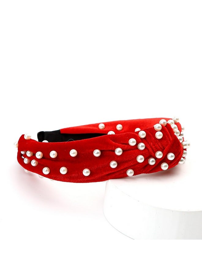 Marsrut Pretty Pearl Headbands, Cute Knotted Velvet Hair Head Bands, Fashion Trendy Accessories For Girls Women (Red)  - Image 3