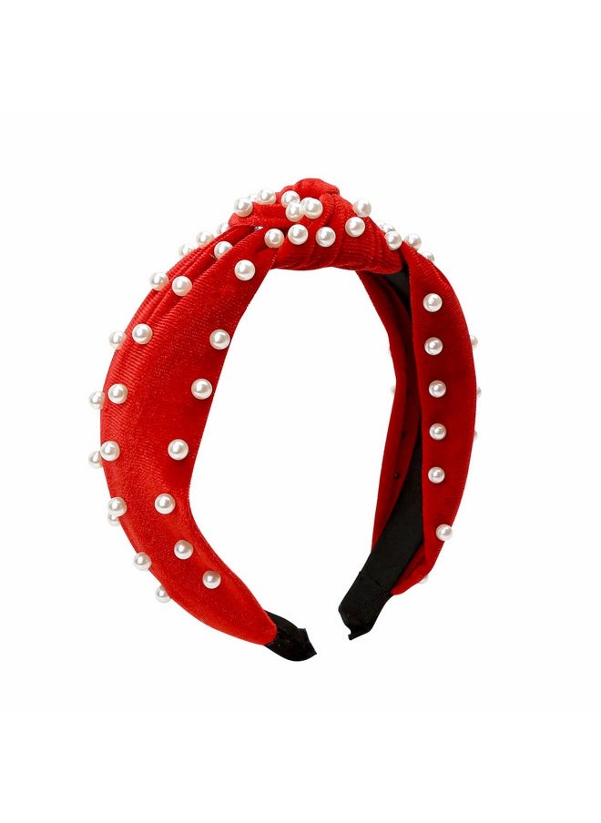 Marsrut Pretty Pearl Headbands, Cute Knotted Velvet Hair Head Bands, Fashion Trendy Accessories For Girls Women (Red)  - Image 1