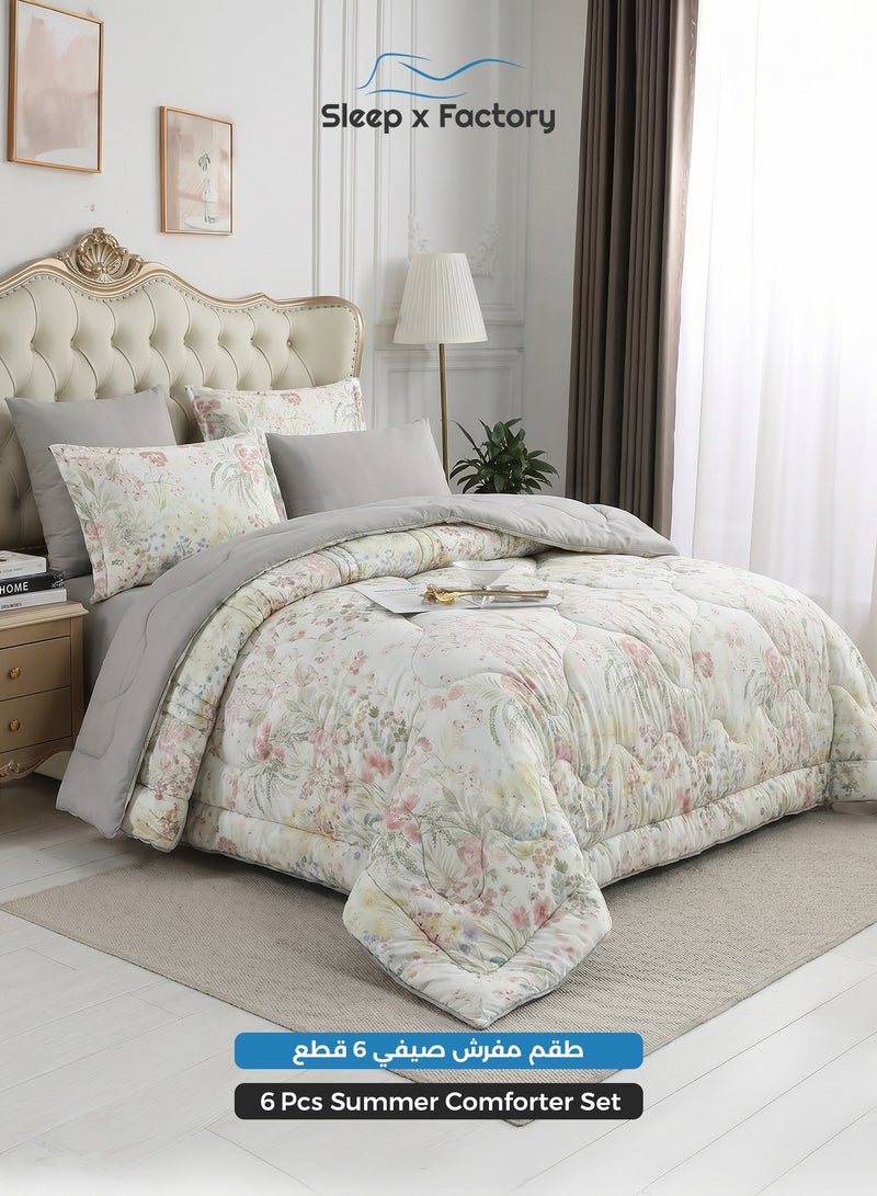 سليب × فاكتوري طقم مفرش صيفي 6 قطع من Sleep X Factory – مايكروفايبر بنقشة زهور – مقاس كينج - Image 1