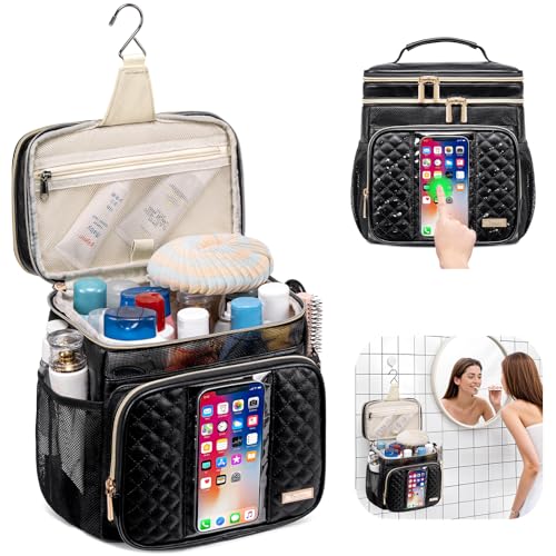 Tealari Large Leather Toiletry Bag for Women MenBathroom BagWater Resistant Shower BagMakeup BagPortable Shower Caddy for College DormHanging Travel Toiletry Bag with Transparent Waterproof Phone Pocket - Image 3