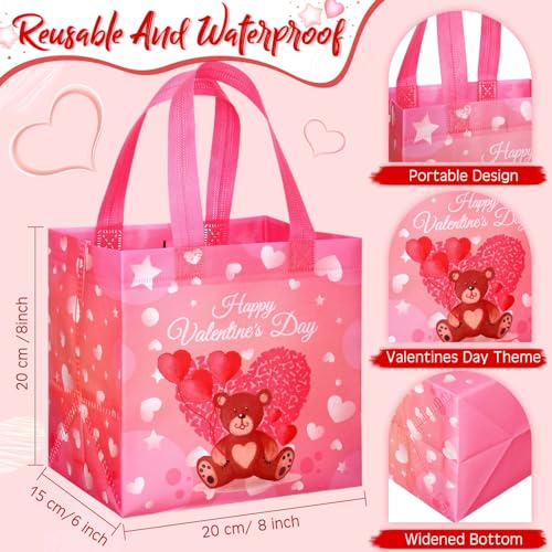 Clysee 60 Pcs Valentine's Day Gift Bags with Handles Non Woven Reusable Treat Bags Waterproof Tote Bags for Kids Gift Wrapping - Image 3