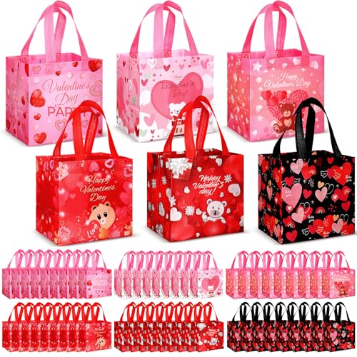 Clysee 60 Pcs Valentine's Day Gift Bags with Handles Non Woven Reusable Treat Bags Waterproof Tote Bags for Kids Gift Wrapping - Image 1