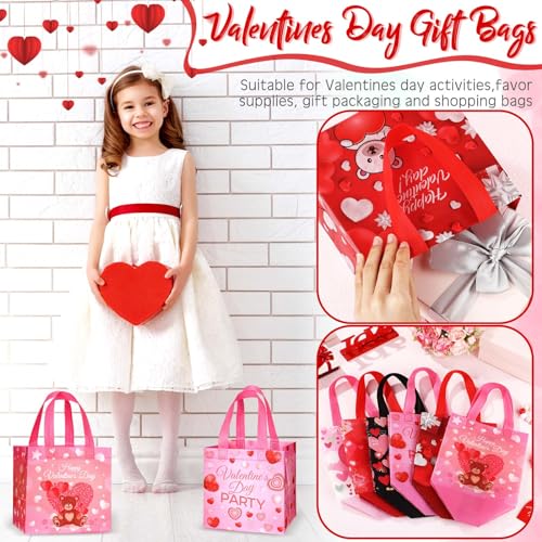 Clysee 60 Pcs Valentine's Day Gift Bags with Handles Non Woven Reusable Treat Bags Waterproof Tote Bags for Kids Gift Wrapping - Image 4