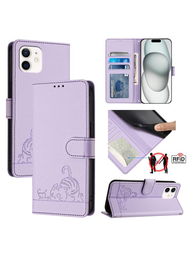 Zaboon Case For iPhone 11 Cat Rat Embossed Pattern RFID PU Phone Case with Wrist Strap - Image 1