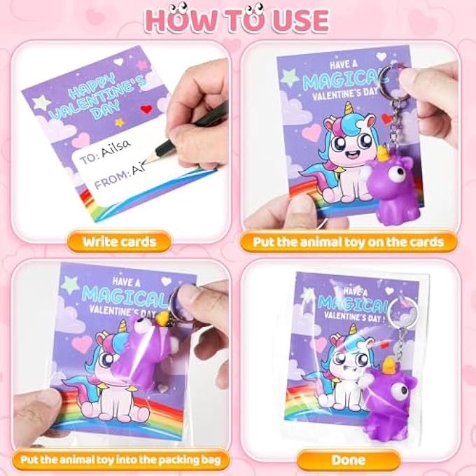 Letapapa 24 Pack Valentines Day Cards with Squeeze Animal Popping Eye Keychains, Valentines Cards for Kids, Fidget Toys for Classroom School Valentine's Gifts Exchange, Valentine's Party Favor Prizes for Kids - Image 4