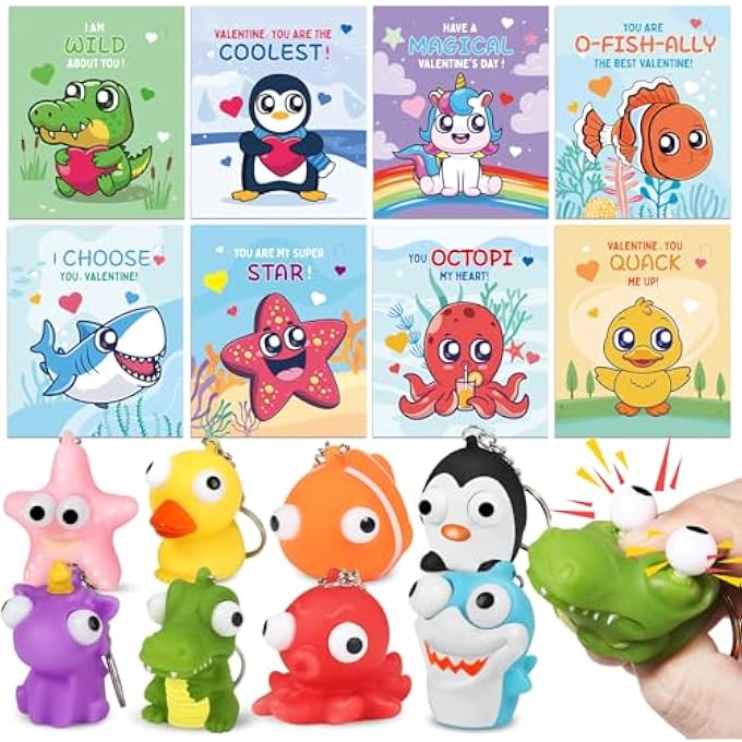 Letapapa 24 Pack Valentines Day Cards with Squeeze Animal Popping Eye Keychains, Valentines Cards for Kids, Fidget Toys for Classroom School Valentine's Gifts Exchange, Valentine's Party Favor Prizes for Kids - Image 1