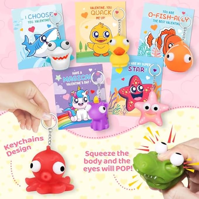Letapapa 24 Pack Valentines Day Cards with Squeeze Animal Popping Eye Keychains, Valentines Cards for Kids, Fidget Toys for Classroom School Valentine's Gifts Exchange, Valentine's Party Favor Prizes for Kids - Image 3