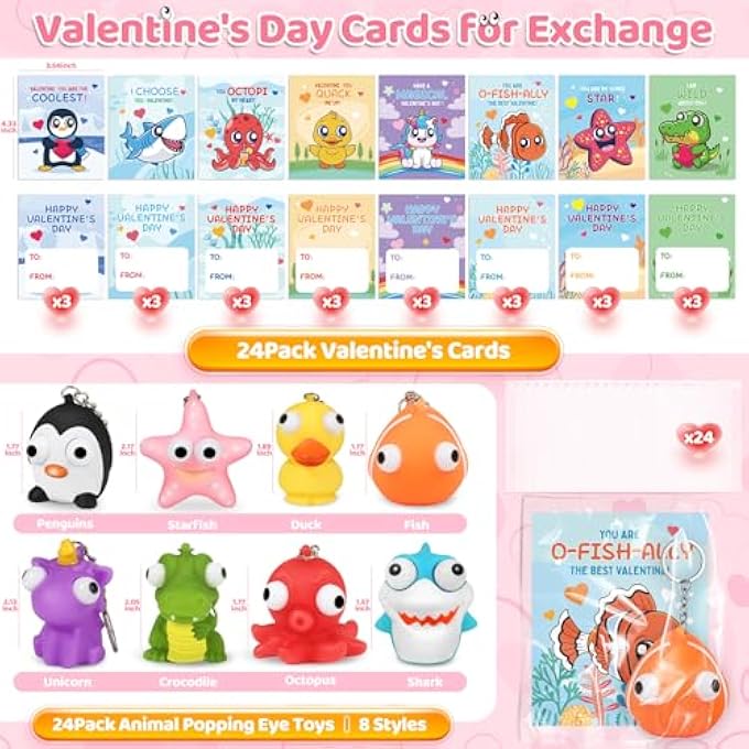 Letapapa 24 Pack Valentines Day Cards with Squeeze Animal Popping Eye Keychains, Valentines Cards for Kids, Fidget Toys for Classroom School Valentine's Gifts Exchange, Valentine's Party Favor Prizes for Kids - Image 2