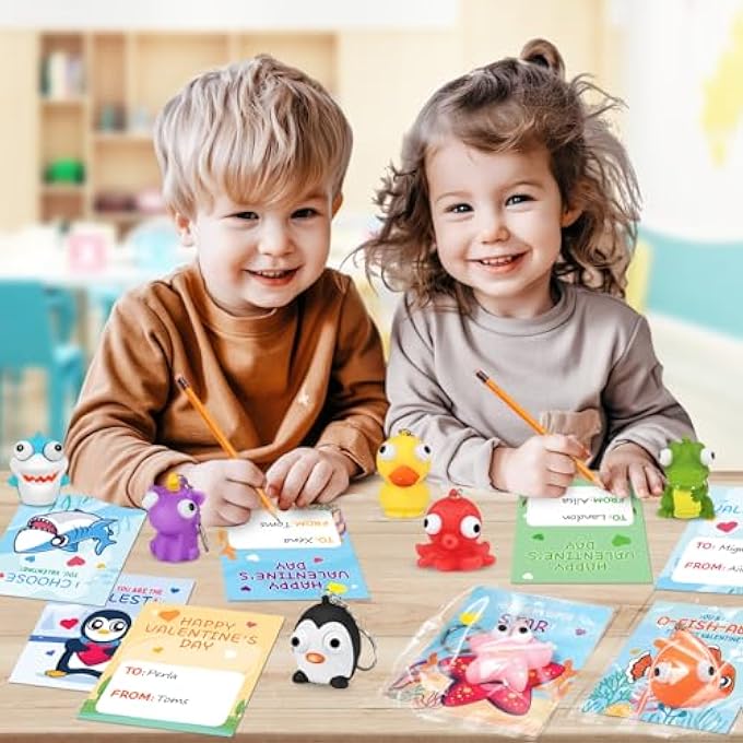 Letapapa 24 Pack Valentines Day Cards with Squeeze Animal Popping Eye Keychains, Valentines Cards for Kids, Fidget Toys for Classroom School Valentine's Gifts Exchange, Valentine's Party Favor Prizes for Kids - Image 5