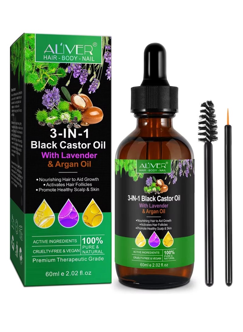 ALIVER 3 In 1 Black Castor Oil with Lavender & Argan Oil for Hair Care Hair Conditioner Oil for Thin Hair Repair Damaged Hair Nourishes Thin Hair Scalp Skin and Loss Hair Growth Fit for All Hair Types 60ml - Image 1