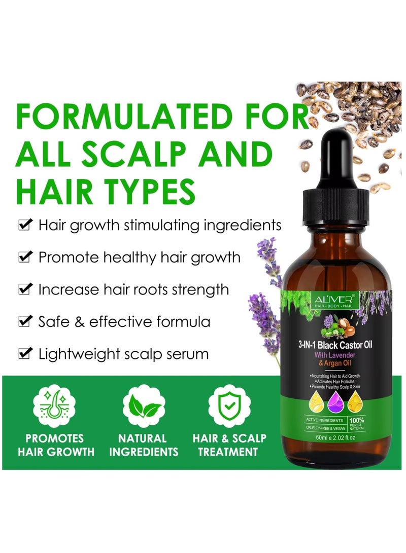 ALIVER 3 In 1 Black Castor Oil with Lavender & Argan Oil for Hair Care Hair Conditioner Oil for Thin Hair Repair Damaged Hair Nourishes Thin Hair Scalp Skin and Loss Hair Growth Fit for All Hair Types 60ml - Image 3