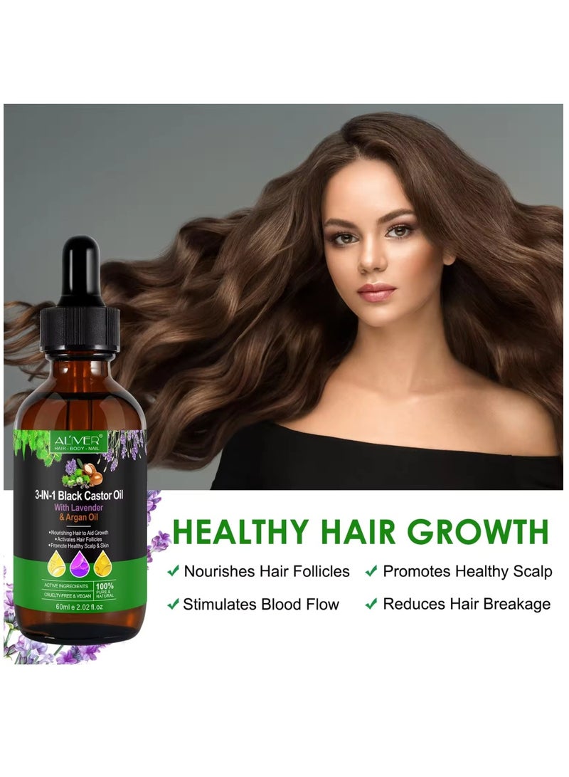 ALIVER 3 In 1 Black Castor Oil with Lavender & Argan Oil for Hair Care Hair Conditioner Oil for Thin Hair Repair Damaged Hair Nourishes Thin Hair Scalp Skin and Loss Hair Growth Fit for All Hair Types 60ml - Image 4