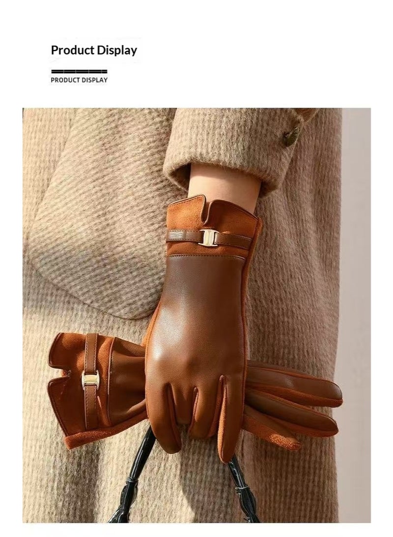 قفازات نسائية شتوية سميكة دافئة قفازات ركوب الدراجات (بني) - Image 4
